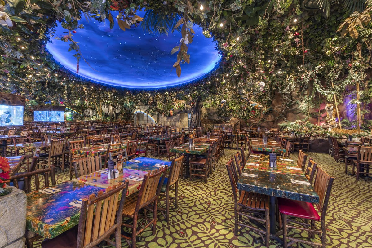 a dining area filled with furniture decorated like a jungle